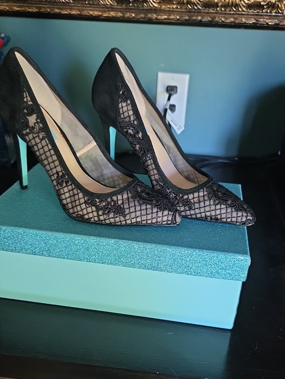 Blue By Betsey Johnson Black Lace Pumps with Teal Stiletto Heel
